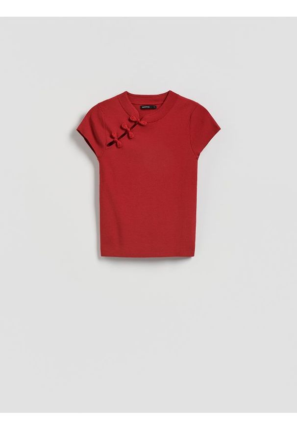 Reserved - Bluzka z ozdobnym detalem - bordowy. Kolor: czerwony. Materiał: dzianina, wiskoza