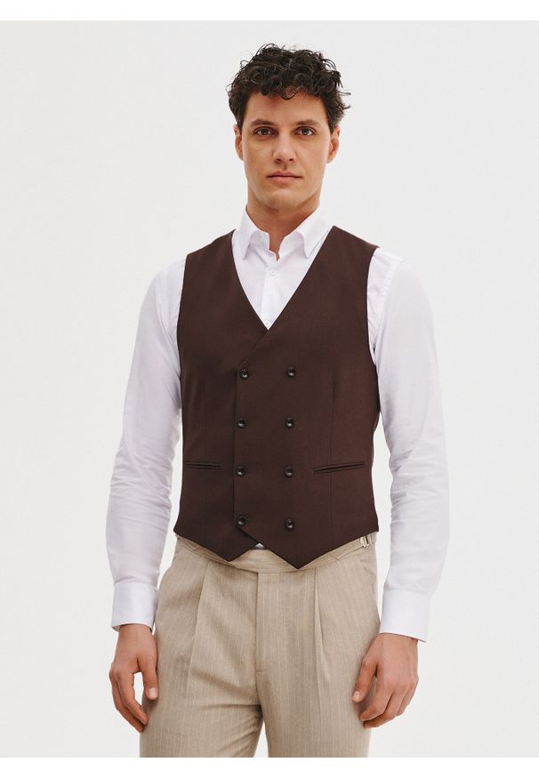 Pako Lorente - PAKO LORENTE - Brązowa dwurzędowa kamizelka męska. Kolor: brązowy. Materiał: wełna, poliester, elastan, wiskoza. Styl: elegancki, młodzieżowy