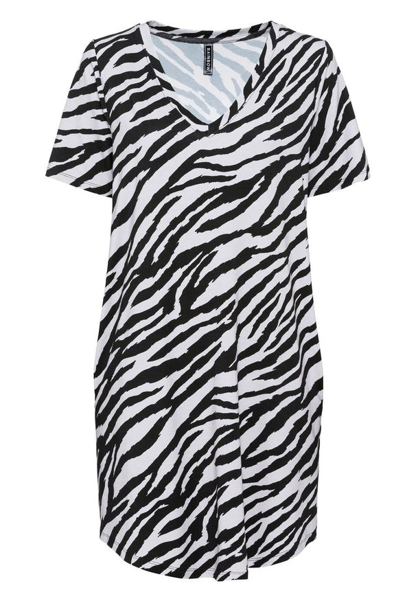 Sukienka shirtowa bonprix biało-czarny w paski zebry. Kolor: biały. Wzór: motyw zwierzęcy, paski