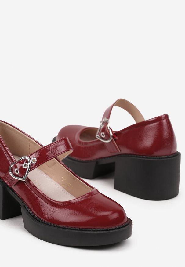 Renee - Bordowe Lakierowane Półbuty na Słupku i Platformie Mary Jane ze Skórzaną Wkładką Rorina. Okazja: na spotkanie biznesowe, do pracy. Nosek buta: okrągły. Zapięcie: pasek. Kolor: czerwony. Materiał: lakier, skóra. Obcas: na platformie. Styl: biznesowy, elegancki, klasyczny