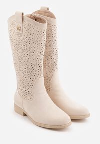 Renee - Beżowe Ażurowe Botki z Geometryczną Ozdobą Naeraste. Okazja: na co dzień. Kolor: beżowy. Materiał: jeans. Wzór: geometria, ażurowy, aplikacja. Styl: casual #3
