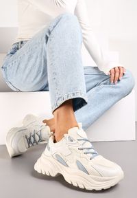 Renee - Beżolwo-Niebieskie Sznurowane Sneakersy na Podeszwie z Wycięciami i Cholewką Przed Kostkę Luminea. Okazja: na co dzień. Wysokość cholewki: przed kostkę. Kolor: beżowy. Szerokość cholewki: normalna #3