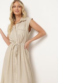 Born2be - Beżowa Wiskozowa Sukienka o Koszulowym Kroju z Paskiem w Talii Mareviana. Kolor: beżowy. Materiał: wiskoza. Typ sukienki: koszulowe. Styl: klasyczny #7