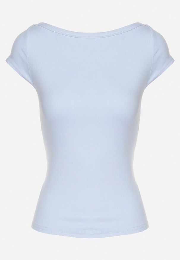 Born2be - Jasnoniebieski T-shirt z Bawełny o Dopasowanym Kroju z Dekoltem w Łódkę Galerissa. Kolor: niebieski. Materiał: bawełna. Styl: elegancki