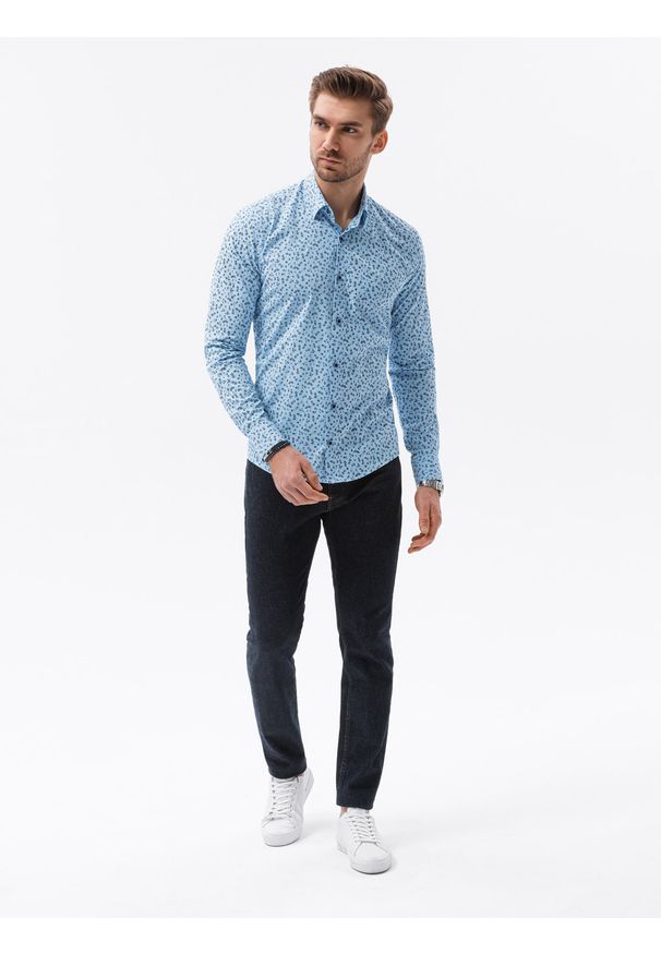 Ombre Clothing - Koszula męska z długim rękawem REGULAR FIT - błękitna K599 - XXL. Okazja: na co dzień. Kolor: niebieski. Materiał: elastan, poliester, bawełna. Długość rękawa: długi rękaw. Długość: długie. Styl: casual