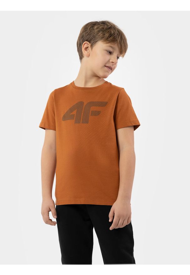 4f - T-shirt z nadrukiem chłopięcy. Kolor: brązowy. Materiał: bawełna. Wzór: nadruk