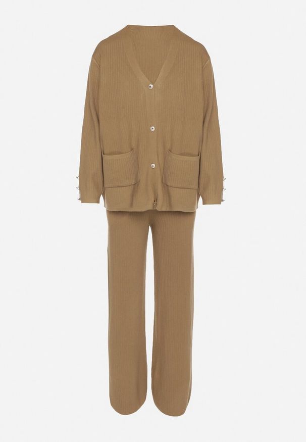 Born2be - Beżowy Dzianinowy Komplet z Bawełną Spodnie Kardigan i Bluzka z Golfem Ralinada. Kolor: beżowy. Materiał: dzianina, bawełna