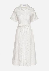 Born2be - Biała Koszulowa Sukienka Haftowana z Paskiem Rinessa. Okazja: na spacer, na imprezę, na co dzień. Kolor: biały. Długość rękawa: na ramiączkach. Wzór: haft. Typ sukienki: koszulowe. Styl: casual, klasyczny, sportowy. Długość: midi #5