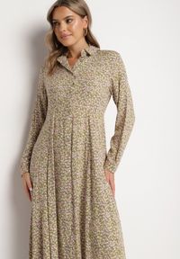 Born2be - Zielono-Beżowa Sukienka Perippe. Kolor: zielony. Wzór: nadruk, aplikacja, kolorowy, kwiaty. Typ sukienki: koszulowe, rozkloszowane. Długość: maxi #6