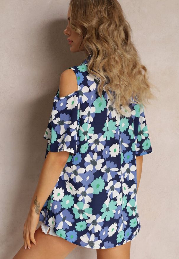 Renee - Niebieska Koszula Open Shoulder w Kwiatowy Print Veconda. Kolor: niebieski. Wzór: kwiaty, nadruk