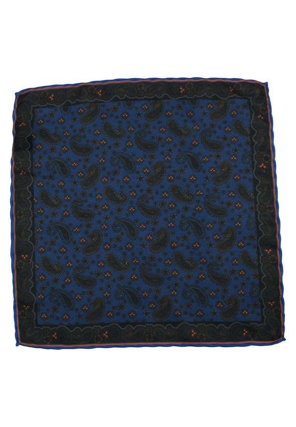 Ciemna Chabrowa Męska Poszetka -EM Men's Accessories- Pomarańczowe Dodatki, Paisley, Łezki. Kolor: niebieski. Materiał: bawełna. Wzór: paisley