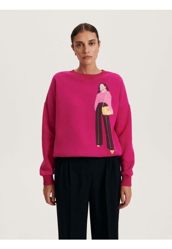 Reserved - Bluza z nadrukiem - fuksja. Kolor: różowy. Materiał: bawełna, dzianina. Wzór: nadruk