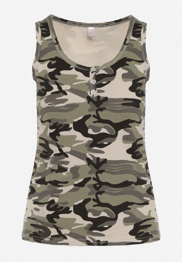 Born2be - Zielony Top Bawełniany w Moro Wiarae. Okazja: na co dzień. Kolor: zielony. Materiał: bawełna. Długość rękawa: na ramiączkach. Wzór: moro. Sezon: lato. Styl: casual, sportowy, klasyczny