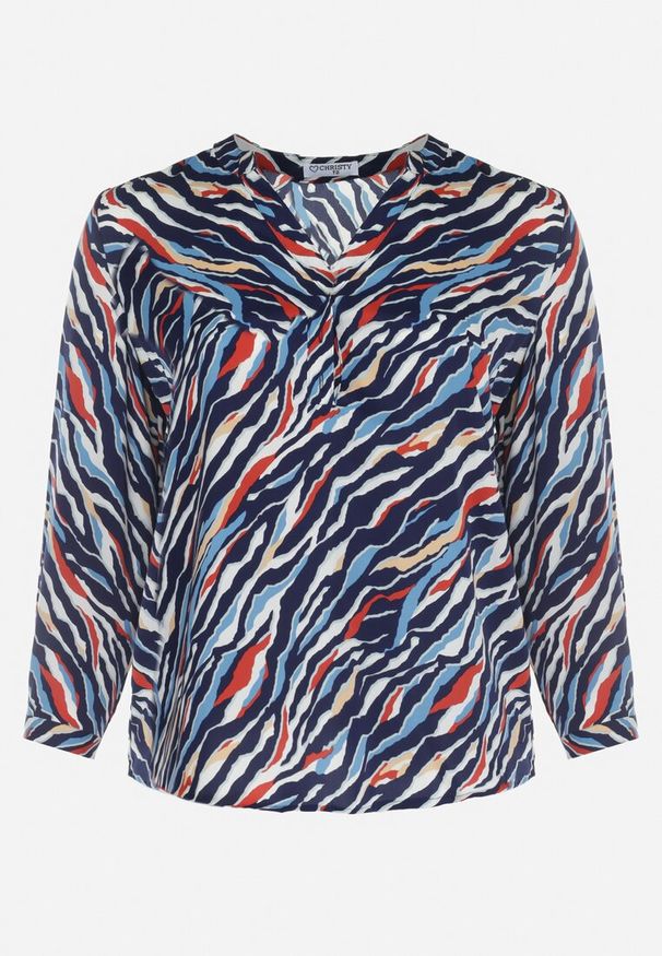 Born2be - Granatowa Wzorzysta Bluzka z Guzikami i Podpinanymi Rękawami Jalea. Okazja: na co dzień. Typ kołnierza: dekolt w serek. Kolekcja: plus size. Kolor: niebieski. Materiał: jeans. Styl: klasyczny, casual