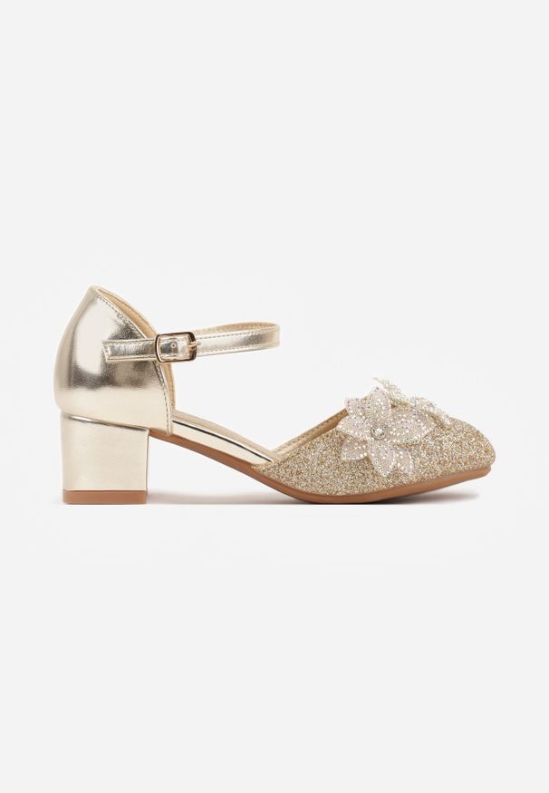 Born2be - Złote Eleganckie Sandały Czółenka na Słupku z Brokatem i Kwiatową Aplikacją Maennes. Okazja: na uczelnię, na imprezę. Zapięcie: pasek. Kolor: złoty. Wzór: aplikacja, kwiaty. Styl: elegancki