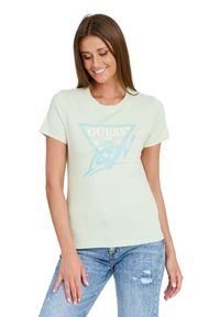 Guess - GUESS Miętowy damski t-shirt bawełniany Icon Tee, Rozmiar M. Kolor: zielony. Materiał: bawełna