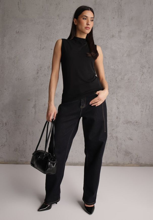 Renee - Czarna Bluzka Top Bez Rękawów ze Stójką Nedire. Typ kołnierza: kołnierzyk stójkowy. Kolor: czarny. Materiał: poliester, elastan, materiał, jeans. Długość rękawa: bez rękawów. Styl: elegancki