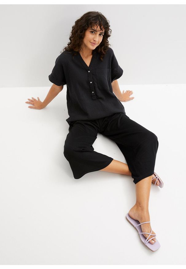 bonprix - Bluzka muślinowa z krótki rękawem. Kolor: czarny. Długość rękawa: krótki rękaw. Długość: krótkie. Styl: elegancki