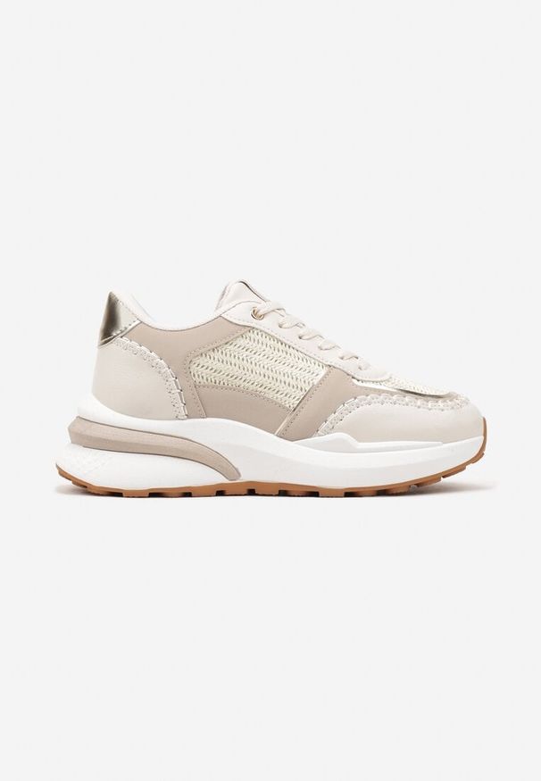 Renee - Beżowe Sneakersy na Platformie ze Wstawkami z Plecionki Ninatia. Okazja: na co dzień. Kolor: beżowy. Materiał: jeans. Obcas: na platformie. Wysokość obcasa: średni