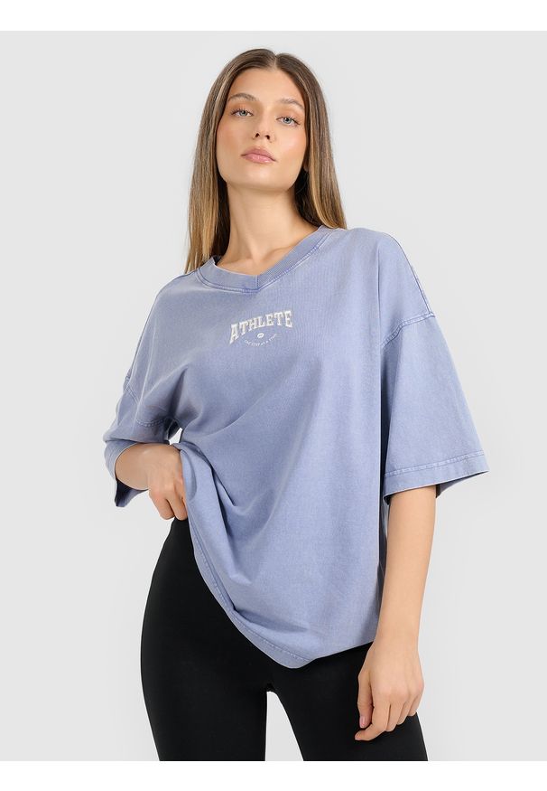 4f - 4F T-shirt oversize z nadrukiem damski - granatowy L. Okazja: na co dzień. Typ kołnierza: dekolt w serek. Kolor: niebieski. Materiał: dzianina, materiał. Długość rękawa: krótki rękaw. Długość: krótkie. Wzór: nadruk. Styl: casual, vintage, sportowy