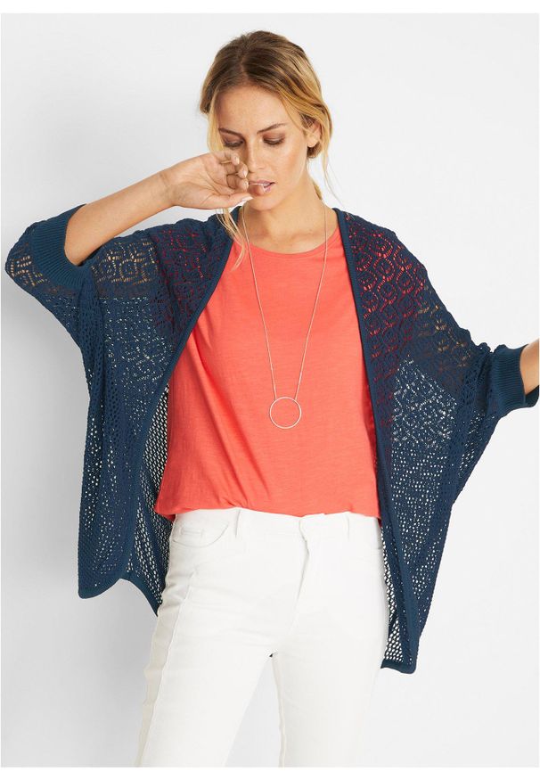 bonprix - Długi kardigan w ażurowy wzór. Kolor: niebieski. Długość rękawa: krótki rękaw. Długość: długie. Wzór: ażurowy