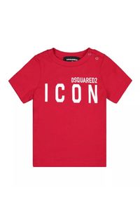DSQUARED2 KIDS - Czerwony t-shirt z białym logo 0-3 lata. Kolor: czerwony. Materiał: bawełna. Wzór: napisy. Sezon: lato. Styl: klasyczny