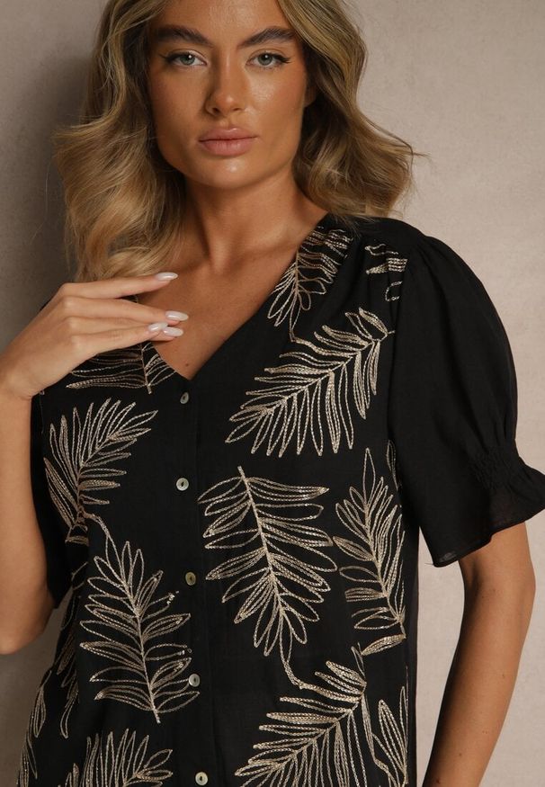 Renee - Czarna Koszula z Bawełny Ozdobiona Haftem i Srebrną Nicią Wilaravia. Okazja: na co dzień. Kolor: czarny. Materiał: bawełna. Wzór: aplikacja, haft. Styl: casual