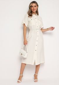 Born2be - Biała Wiskozowa Sukienka o Koszulowym Kroju z Paskiem Nelavyn. Okazja: na co dzień, do pracy. Kolor: biały. Materiał: wiskoza. Długość rękawa: krótki rękaw. Typ sukienki: koszulowe. Styl: casual, elegancki #5