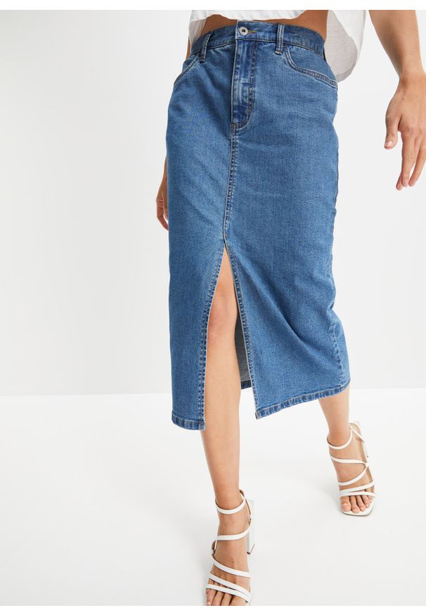 bonprix - Długa spódnica dżinsowa z rozcięciem, z materiału Positive Denim #1 Fabric. Kolor: niebieski. Materiał: materiał, denim. Długość: długie