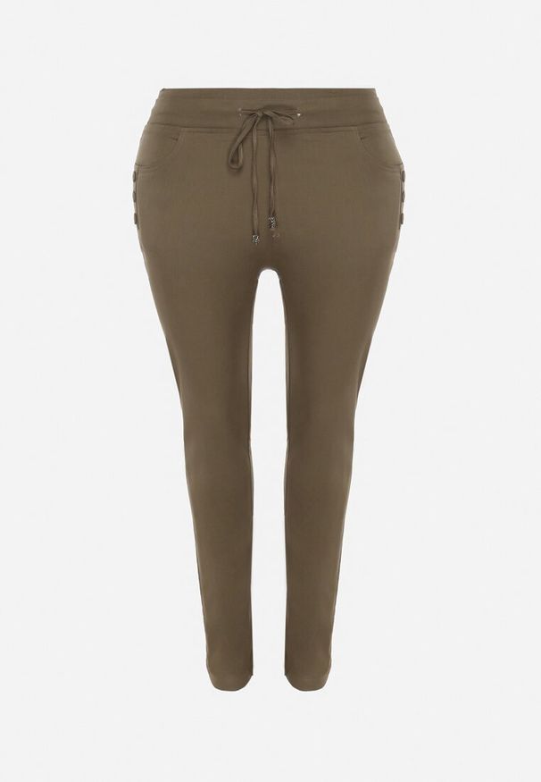 Born2be - Ciemnozielone Spodnie z Troczkiem i Wysokim Stanem z Kieszeniami Cantilla. Stan: podwyższony. Kolor: zielony