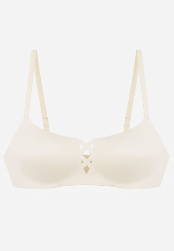 Born2be - Jasnobeżowy Gładki Biustonosz z Ozdobną Imitacją Sznurowania Azivene. Kolor: beżowy. Wzór: gładki