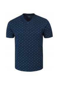 Męski T-Shirt, Dekolt z Guzikami - Pako Jeans - Granatowy, Drobny Wzór. Okazja: na co dzień. Kolor: niebieski. Materiał: bawełna. Styl: casual