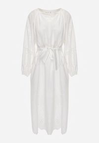 Renee - Biała Boho Sukienka z Bawełny z Haftem Wiązaniem i Ażurowymi Detalami Adrirena. Okazja: na co dzień. Kolor: biały. Materiał: bawełna. Długość rękawa: długi rękaw. Wzór: haft, ażurowy. Typ sukienki: proste. Styl: boho #7