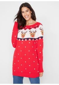 Sweter bożonarodzeniowy z motywem reniferów bonprix truskawkowy wzorzysty. Kolor: czerwony. Materiał: materiał, bawełna, akryl #4