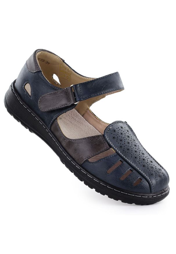 Półbuty damskie komfortowe na rzep ażurowe granatowe Unisoft 9955. Zapięcie: rzepy. Kolor: niebieski. Materiał: skóra ekologiczna. Wzór: ażurowy