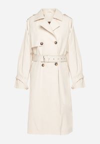 Born2be - Jasnobeżowy Płaszcz Dwurzędowy Trencz Ozdobiony Paskiem i Pagonami Malwissa. Okazja: na co dzień. Kolor: beżowy. Materiał: jeans. Wzór: aplikacja. Sezon: wiosna, jesień. Styl: casual, elegancki #4