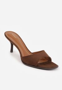 Renee - Brązowe Eleganckie Klapki VICES na Niskiej Szpilce z Imitacji Zamszu Hartar. Kolor: brązowy. Materiał: zamsz. Obcas: na obcasie. Styl: elegancki. Wysokość obcasa: średni #9
