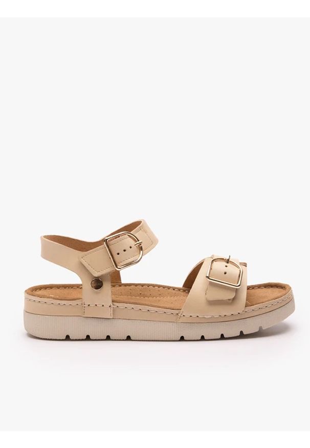 Ryłko - Beżowe sandały na grubszym spodzie z dwoma paskami. Nosek buta: okrągły. Zapięcie: pasek. Kolor: beżowy. Materiał: skóra. Obcas: na obcasie. Styl: street, klasyczny, elegancki. Wysokość obcasa: średni