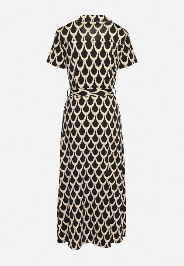 Born2be - Czarno-Beżowa Koszulowa Sukienka z Kołnierzem i Materiałowym Paskiem w Talii Vranea. Okazja: na co dzień. Typ kołnierza: dekolt w kształcie V. Kolor: czarny. Materiał: materiał. Typ sukienki: koszulowe. Styl: sportowy, casual, elegancki