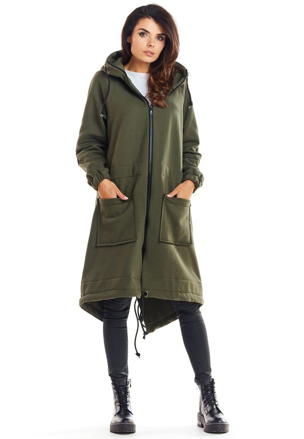 Infinite You - Ciepła długa bluza damska jak parka bawełna premium khaki. Okazja: na co dzień. Kolor: brązowy. Materiał: bawełna. Długość: długie. Styl: elegancki, casual
