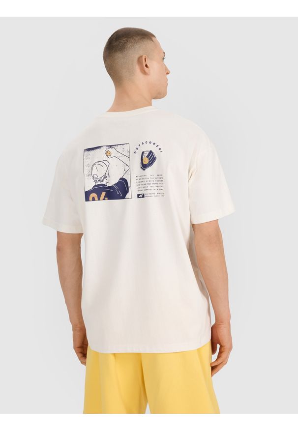 4f - 4F T-shirt oversize z nadrukiem męski - białe XL. Okazja: na co dzień. Kolor: biały. Materiał: bawełna, materiał, jersey. Długość rękawa: krótki rękaw. Długość: krótkie. Wzór: nadruk. Styl: klasyczny, sportowy, casual