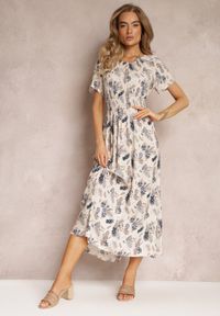 Renee - Beżowa Wiskozowa Sukienka Maxi w Kwiaty Gumką w Pasie Shyle. Kolor: beżowy. Materiał: wiskoza. Długość rękawa: krótki rękaw. Wzór: kwiaty. Sezon: lato, wiosna. Długość: maxi #1