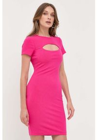 Guess sukienka kolor różowy mini dopasowana. Kolor: różowy. Materiał: materiał, dzianina, wiskoza. Długość rękawa: krótki rękaw. Typ sukienki: dopasowane. Długość: mini