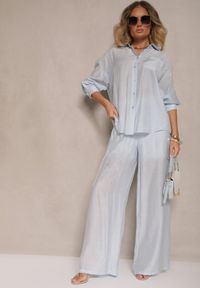 Renee - Jasnoniebieskie Spodnie Palazzo High Waist z Szeroką Nogawką i Gumką w Talii Jenarielis. Okazja: na co dzień. Stan: podwyższony. Kolor: niebieski. Styl: casual #5