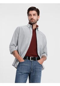 Ombre Clothing - Elegancka koszula męska oxford z haftem – jasnoszara V2 - Rozmiar: M. Okazja: na spotkanie biznesowe, do pracy. Typ kołnierza: kołnierzyk klasyczny. Kolor: szary. Materiał: tkanina, bawełna. Wzór: haft. Styl: elegancki