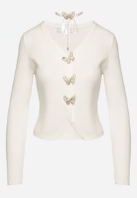 Born2be - Biały Wiskozowy Kardigan Prążkowany na Ozdobne Napy z Chokerem Ivelania. Typ kołnierza: choker. Kolor: biały. Materiał: wiskoza, prążkowany #5