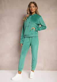 Renee - Jasnozielony Komplet Dresowy z Dodatkiem Bawełny Spodnie z Gumką w Pasie Bluza z Kapturem Reseria. Kolor: zielony. Materiał: dresówka, bawełna