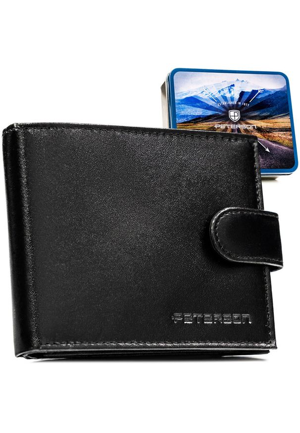 Portfel męski ze skóry naturalnej w czarnym kolorze zamykany na zatrzask, w zestawie z brelokiem - Peterson. Kolor: czarny. Materiał: skóra