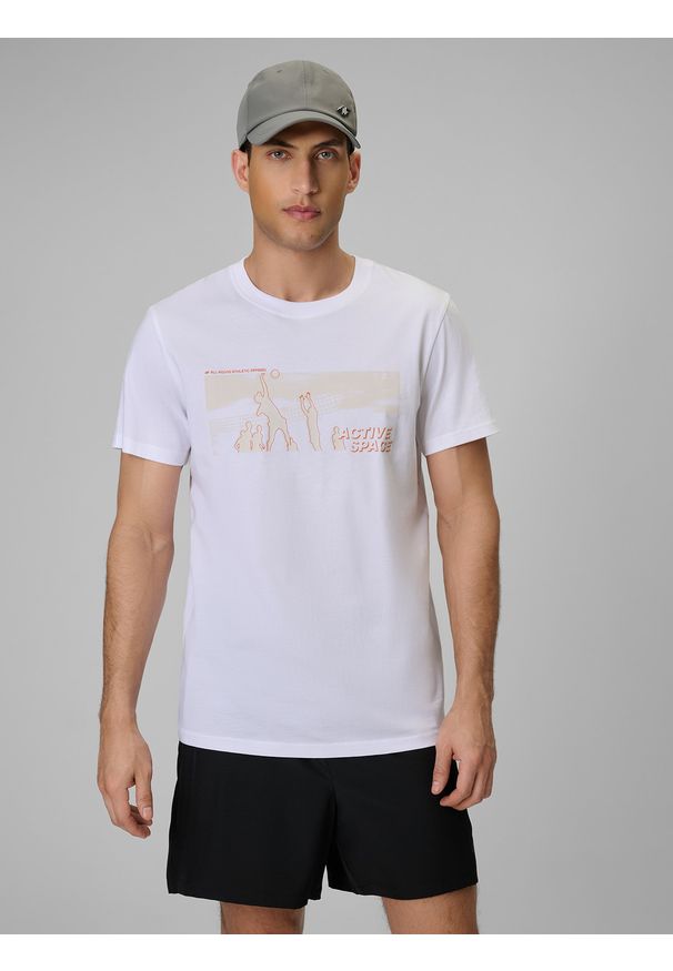 4f - 4F T-shirt reagular z nadrukiem męski - biały M. Okazja: na co dzień. Kolor: biały. Materiał: materiał, bawełna, dzianina. Wzór: nadruk. Styl: sportowy, klasyczny, casual