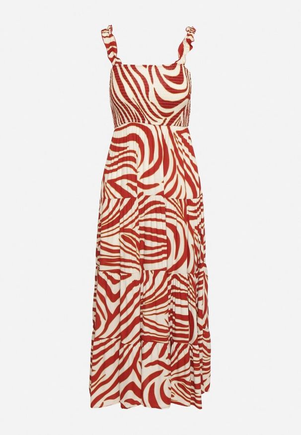 Born2be - Czerwono-Beżowa Wiskozowa Rozkloszowana Sukienka na Ramiączkach z Kwadratowym Dekoltem Lezorea. Okazja: na co dzień, na randkę, na spacer. Typ kołnierza: dekolt kwadratowy. Kolor: czerwony. Materiał: wiskoza. Długość rękawa: na ramiączkach. Sezon: lato. Typ sukienki: proste. Styl: casual